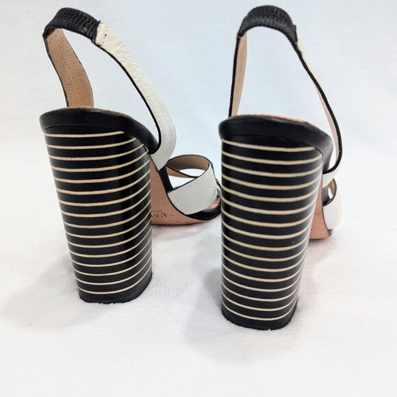 L'AGENCE Contrast Striped Heel Sandals 7.5 Black White Criss Cross Straps - Picture 7 of 12
